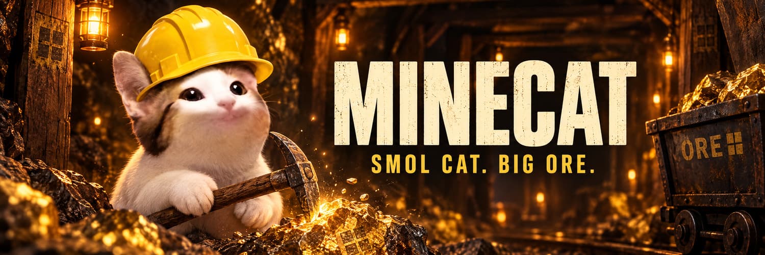 MINECAT, Smol cat. Big ORE. A cat in a yellow hard hat mining glowing gold ORE.